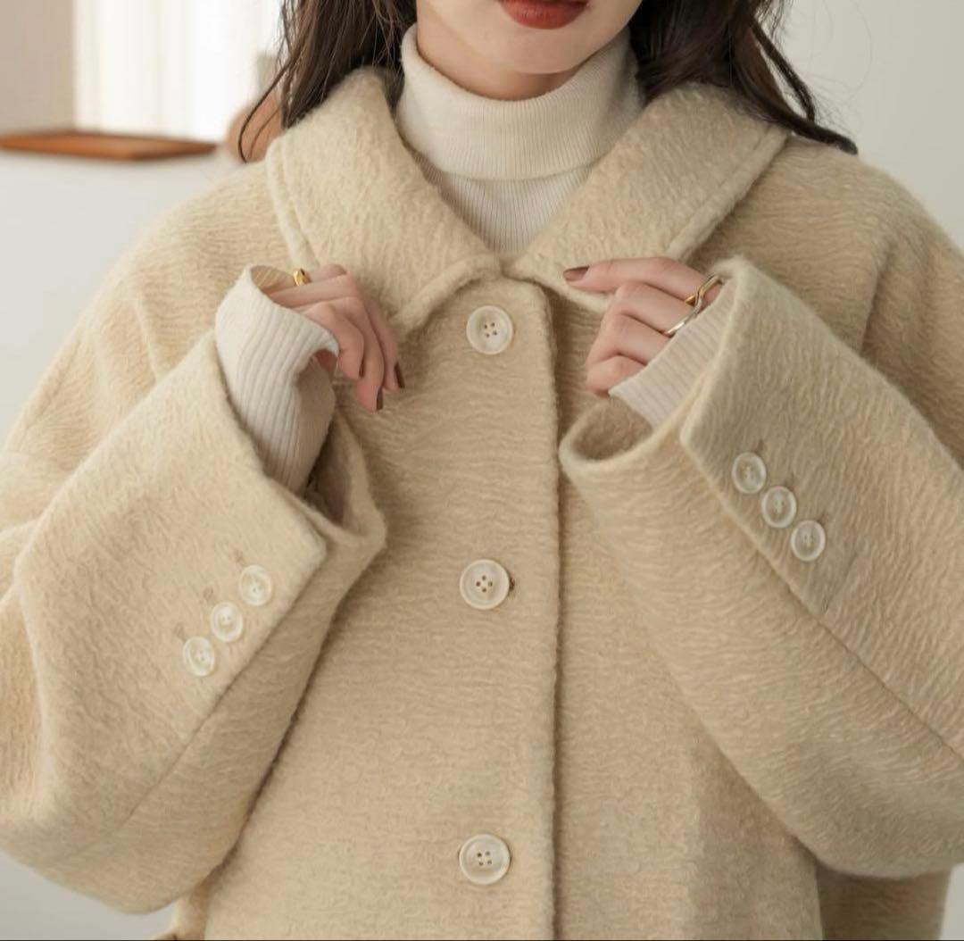 【新品未使用タグ付き】hinari ステンカラーシャギーミドルコート　アイボリー