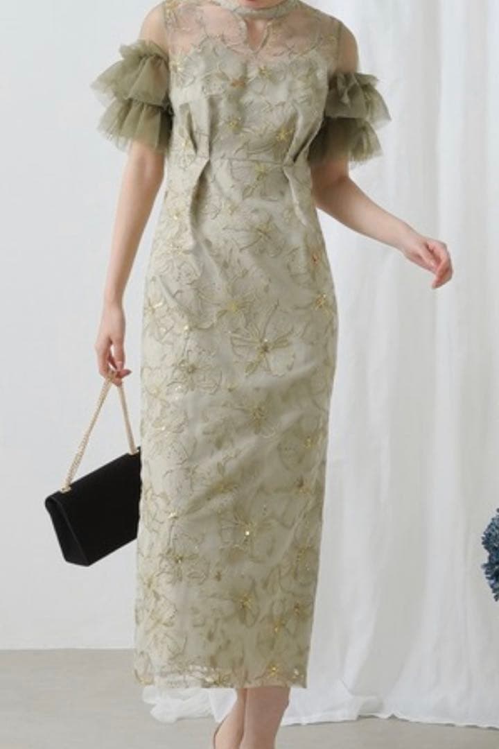 チュールフリルスリーブ スパンコール パーティー ドレス 結婚式 お呼ばれ