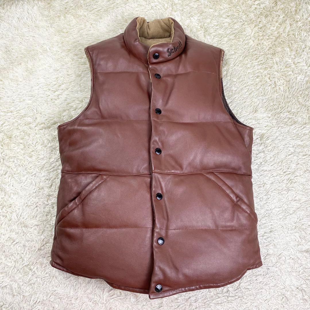 美品 希少 ショット ダウンベスト ラムレザー リバーシブル 本革 ブラウン M