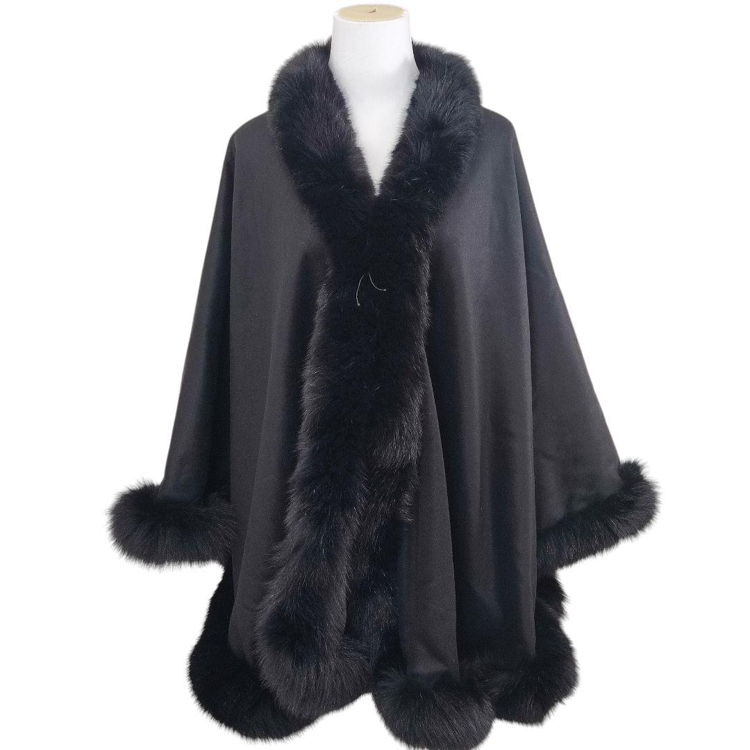 美品　SAGA FURS　ケープ　カシミヤ × 染めブルーフォックス　ブラック