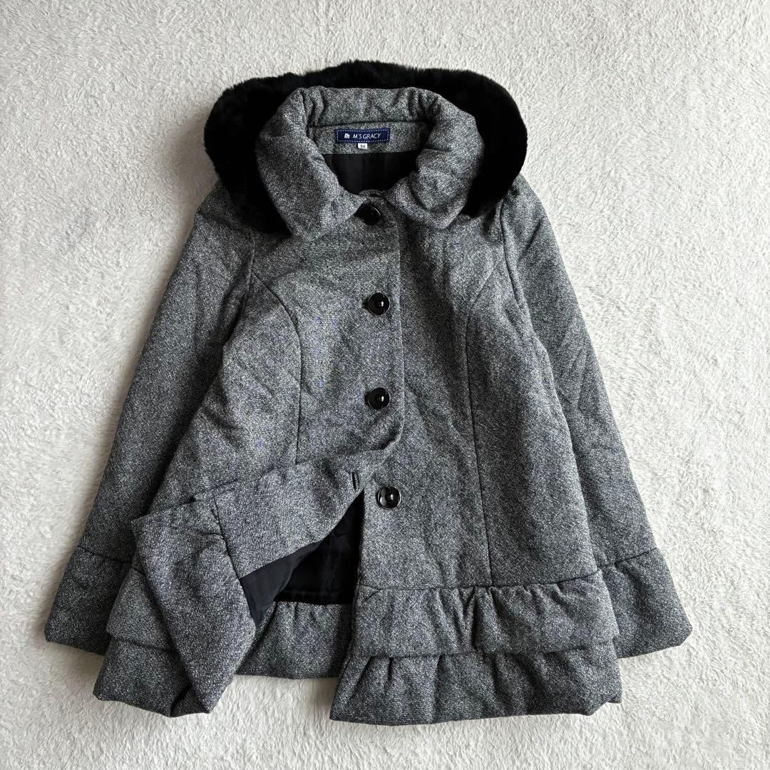 M'S GRACY 美品 レッキスファー フード付きフリルコート 38 黒