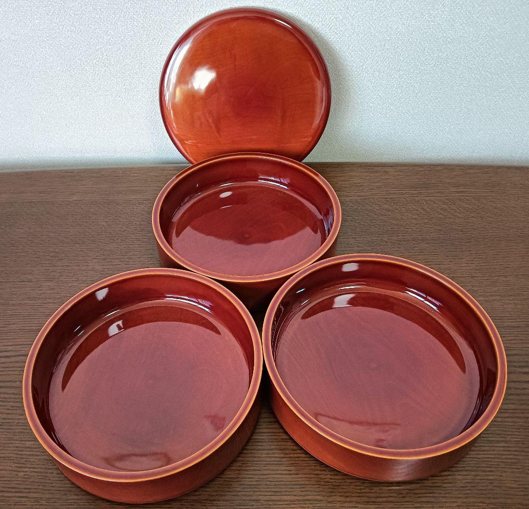 【未使用】飛騨春慶塗 漆塗り 丸型三段重箱 伝統工芸品 天然木 お正月 おせち