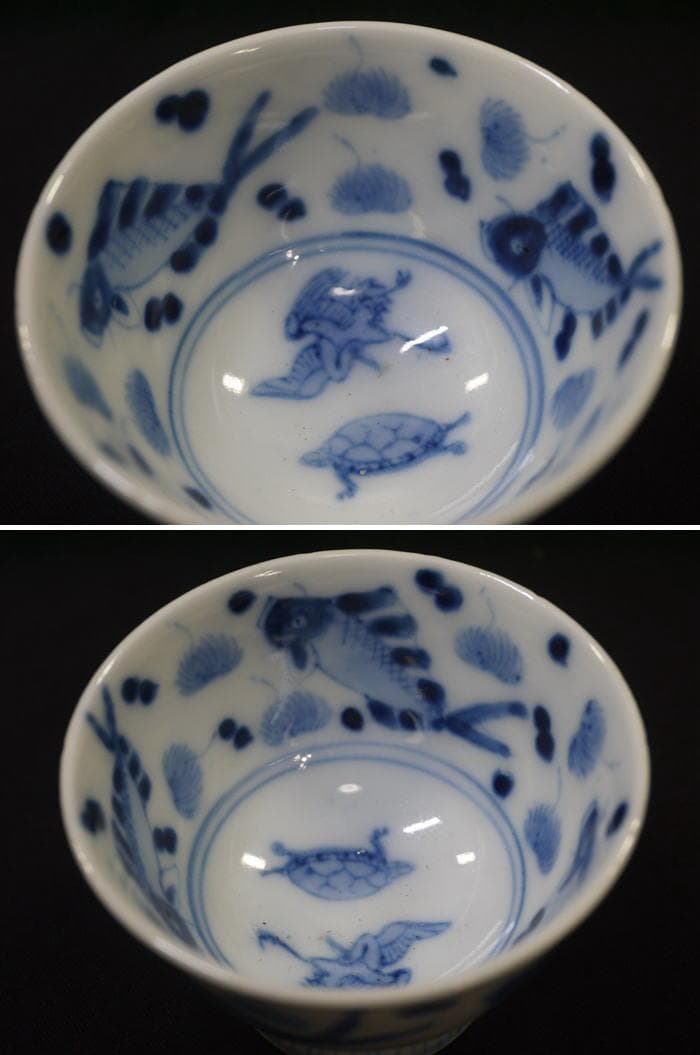 煎茶茶碗６客　魚文　水玉に藻　見込鶴亀　状態良好美品