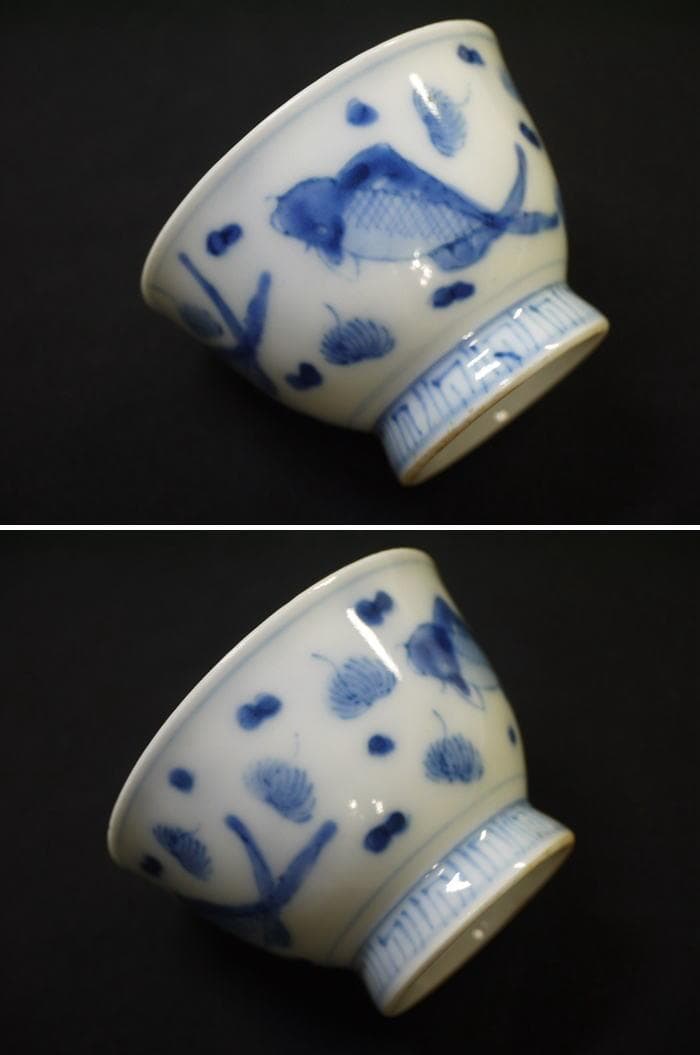 煎茶茶碗６客　魚文　水玉に藻　見込鶴亀　状態良好美品