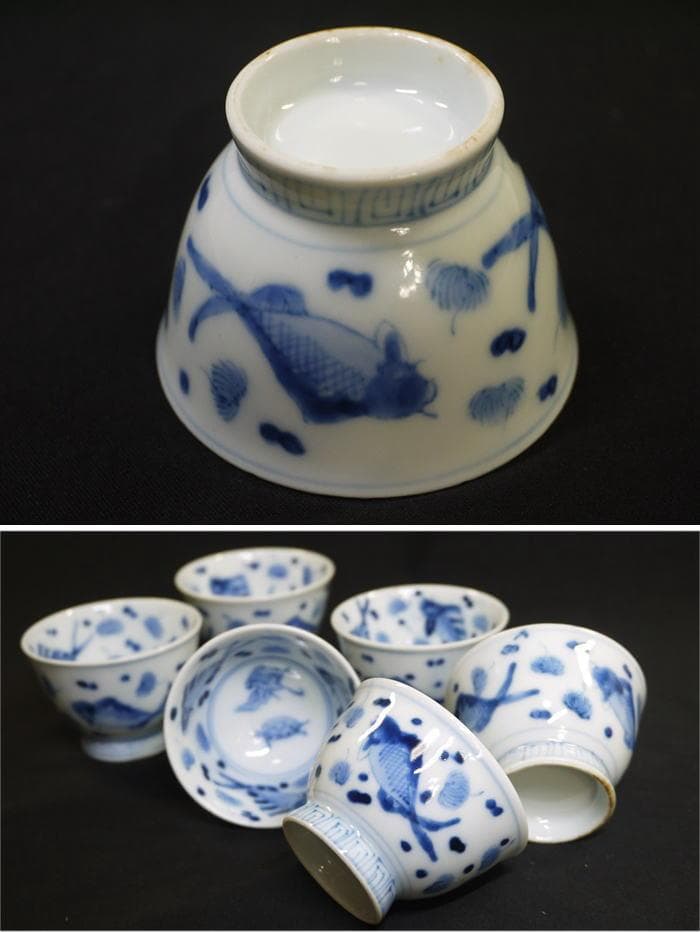 煎茶茶碗６客　魚文　水玉に藻　見込鶴亀　状態良好美品