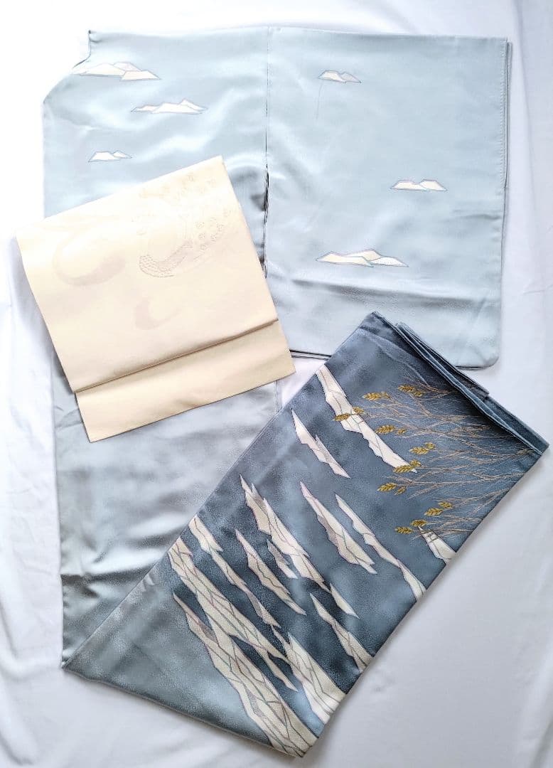 大人の着物海空柄雲水色紺色氷河青ネイビーブルー女袷着物グラデ付け下げ訪問着絵羽柄