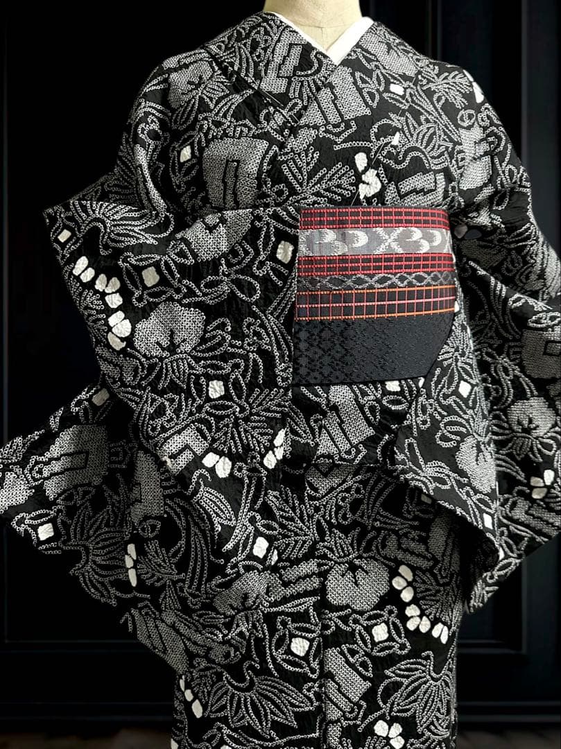 希少❣️トールサイズ✨宝尽くし　黒に白 有松鳴海絞り浴衣逸品‼️新品美品‼️