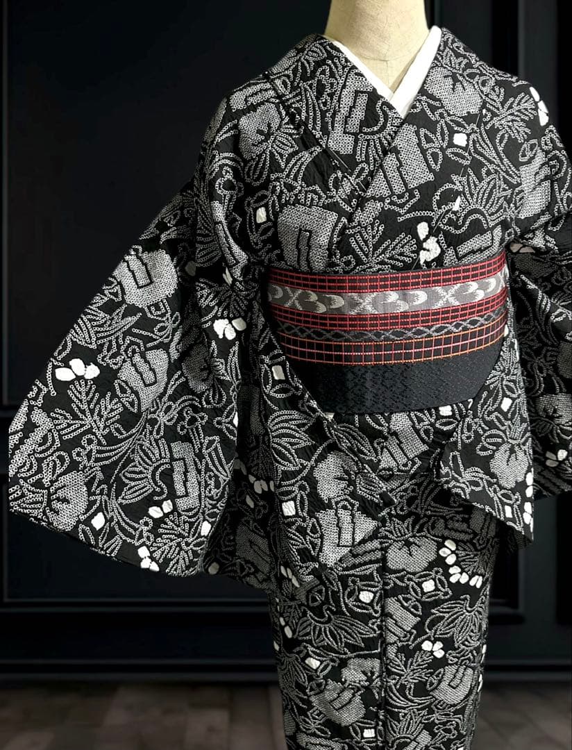希少❣️トールサイズ✨宝尽くし　黒に白 有松鳴海絞り浴衣逸品‼️新品美品‼️