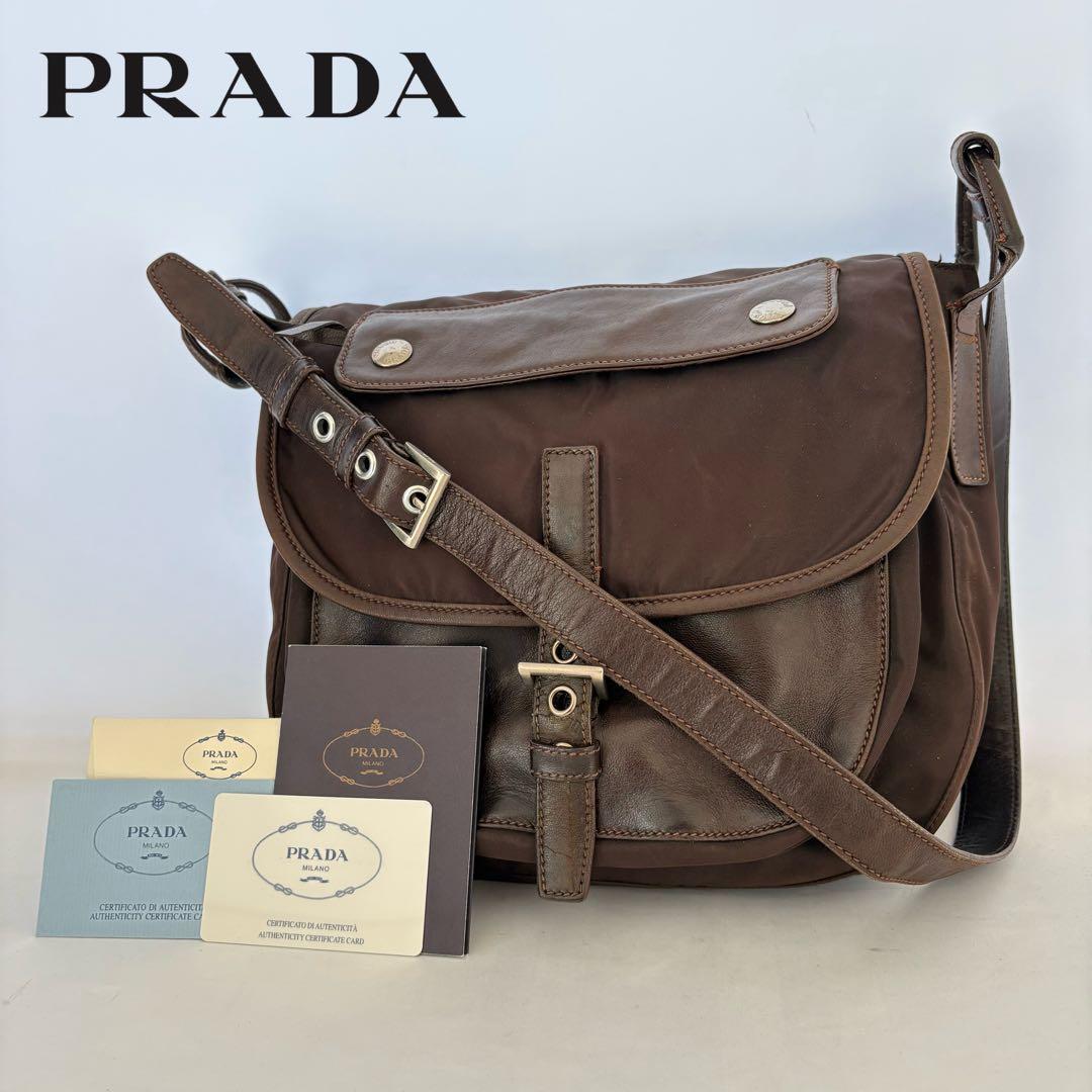 PRADA プラダ 三角ロゴ ショルダーバッグ レザー ブラウン ナイロン