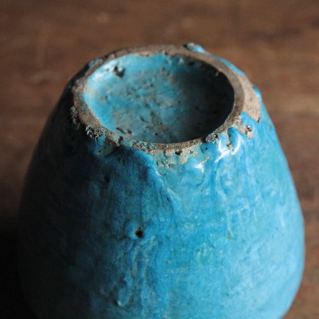 鮮やかな ターコイズブルー 壺 古道具 アンティーク 花器