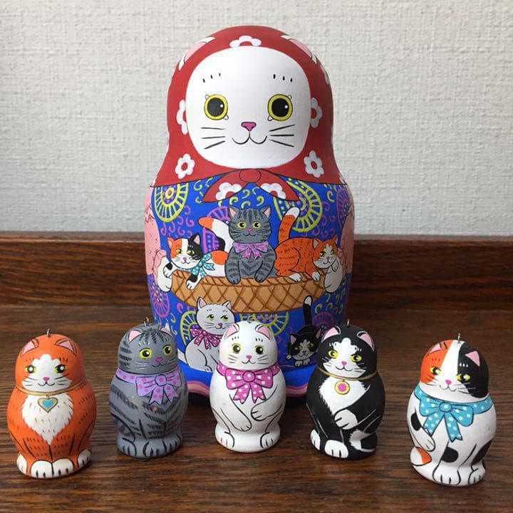 ＊訳あり ロシア雑貨☆ネコマトリョーシカ(6P)招き猫 縁起物 エカテリーナ作