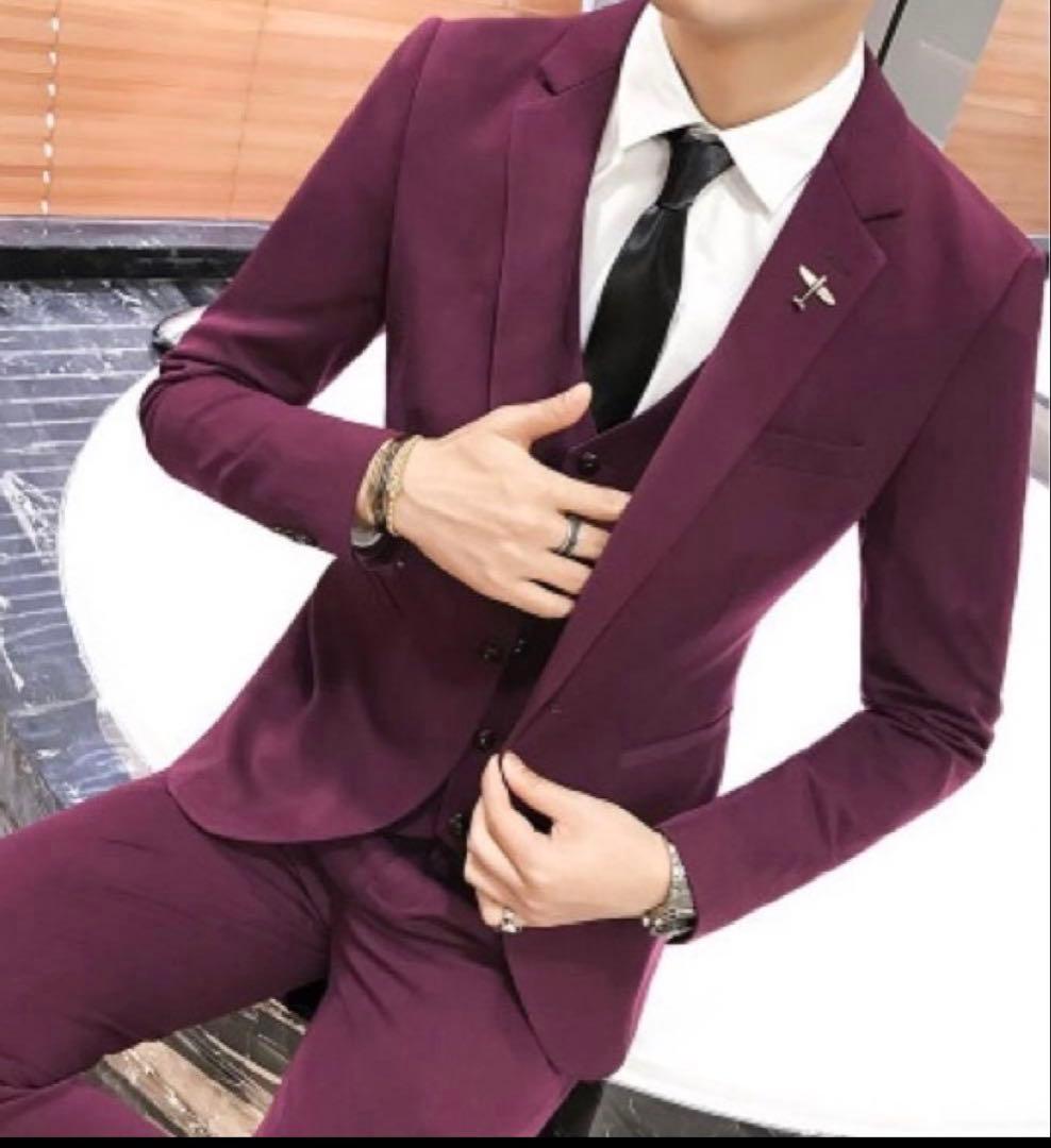 メンズ セットアップ スーツ ジャケット パンツ ベスト ジレ 紫　パープル