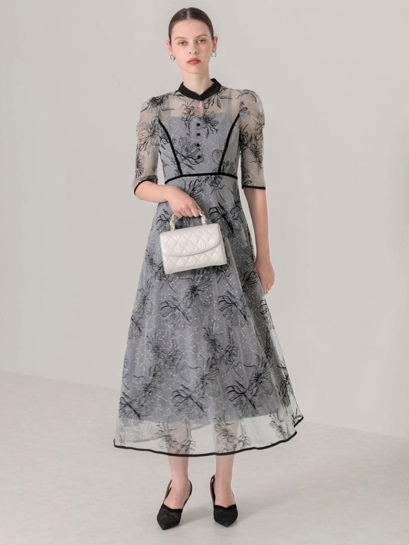 パイピングハイネック花柄ラメレースワンピースドレス結婚式パーティー二次会成人式