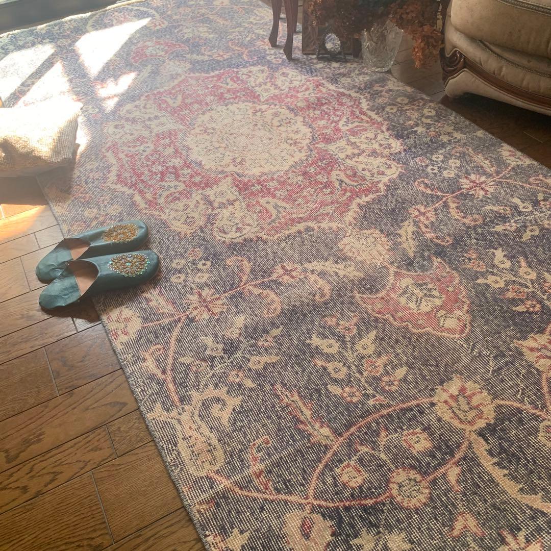 大判　ロング　251×112 トルコヴィンテージラグ　インディゴ　ローズレッド