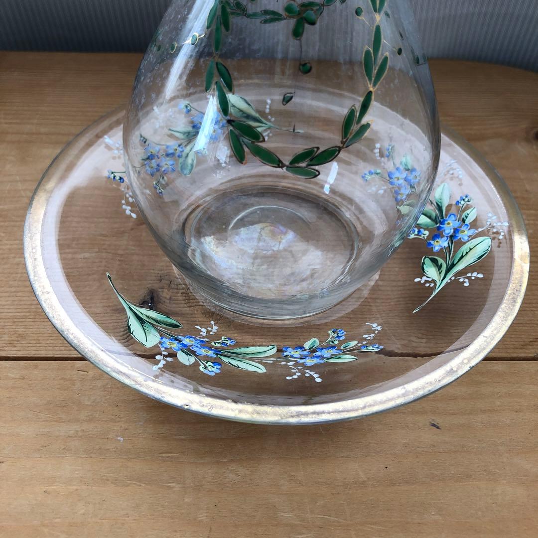 古いガラス皿　プレート　ソーサー　フランス　アンティーク　青い花　no.102