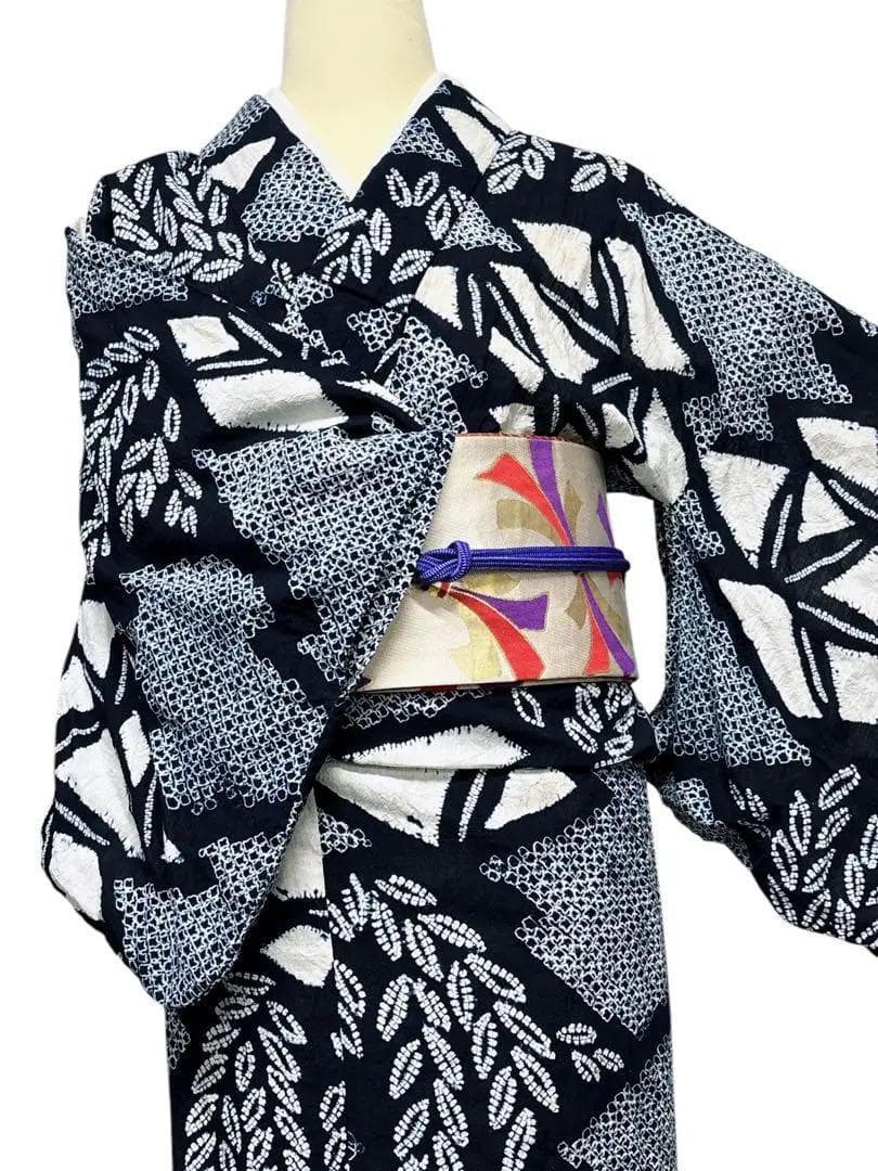 A53有松鳴海絞り 浴衣 花 綿　紺青