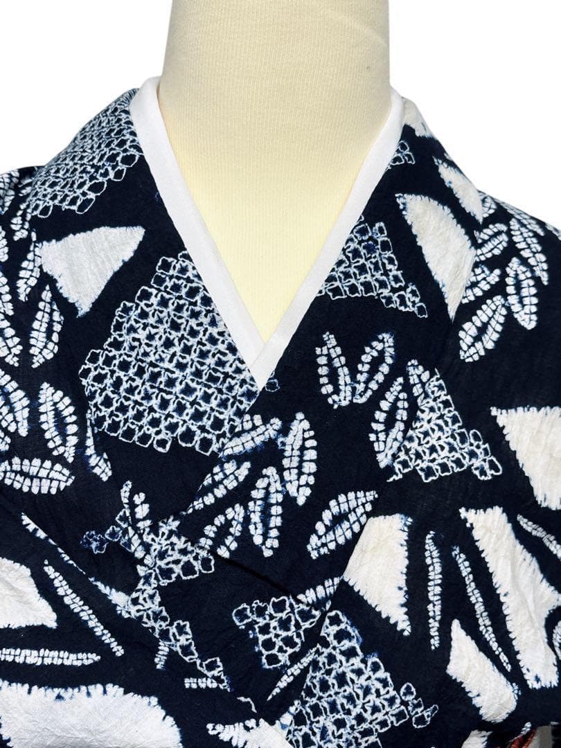 A53有松鳴海絞り 浴衣 花 綿　紺青