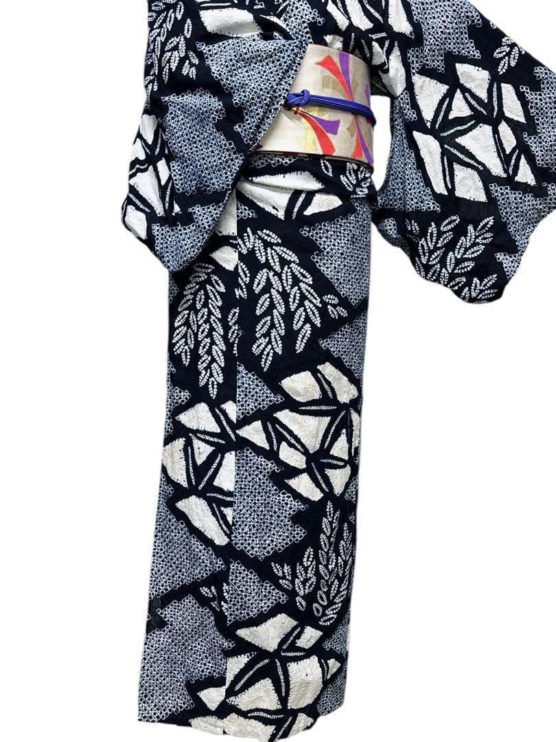 A53有松鳴海絞り 浴衣 花 綿　紺青