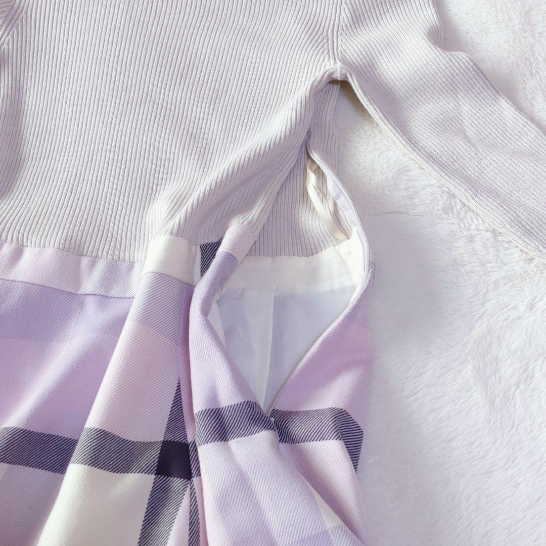 バーバリー切り替えワンピース チェック ニットドッキング ウエストリボン付 36