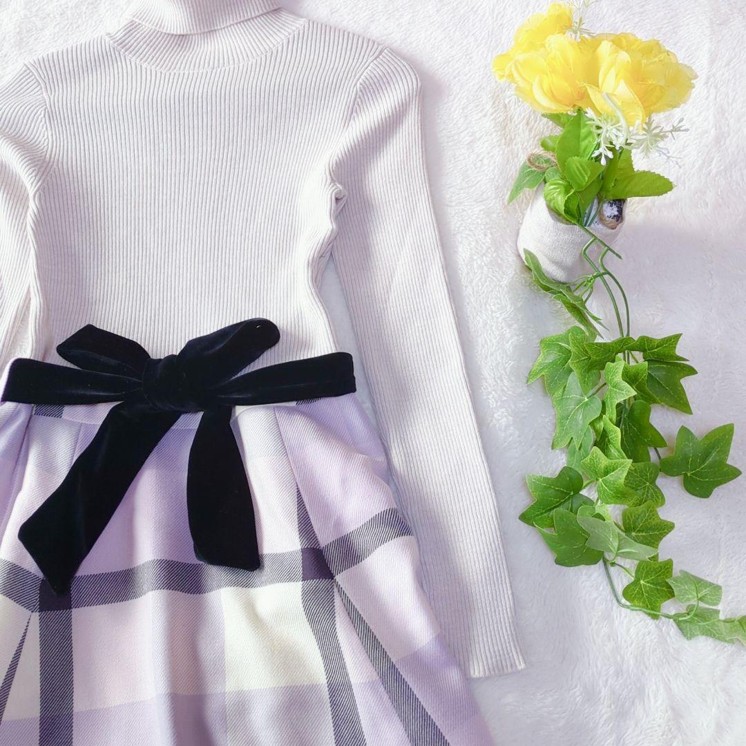 バーバリー切り替えワンピース チェック ニットドッキング ウエストリボン付 36