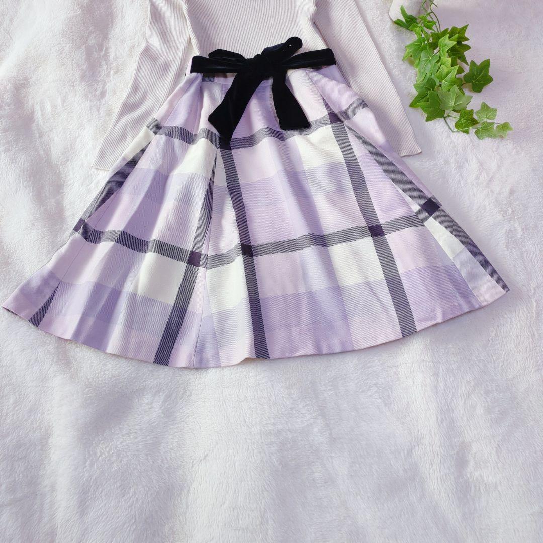 バーバリー切り替えワンピース チェック ニットドッキング ウエストリボン付 36