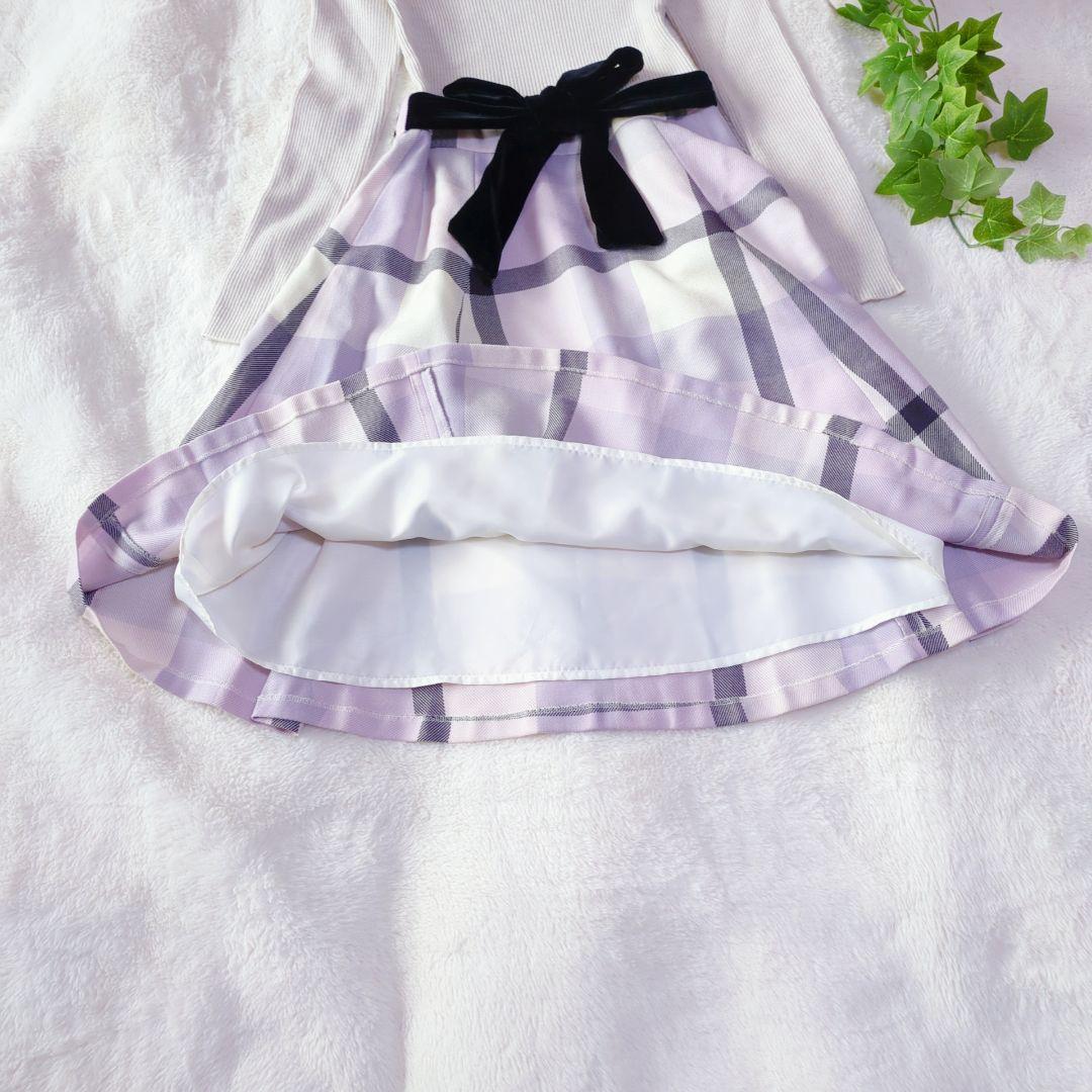 バーバリー切り替えワンピース チェック ニットドッキング ウエストリボン付 36