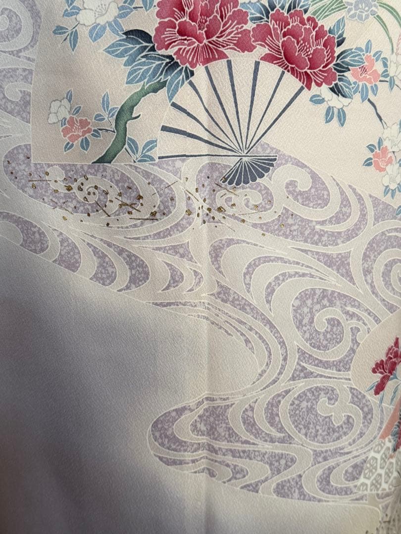 訪問着フルセット、扇面、流水、牡丹と四季の花　グラデーション　しつけ付き未使用品