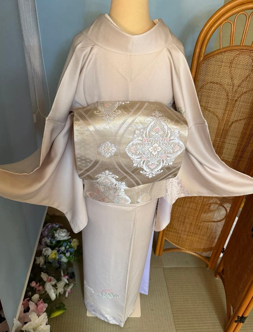 訪問着フルセット、扇面、流水、牡丹と四季の花　グラデーション　しつけ付き未使用品