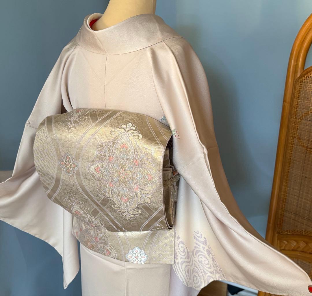 訪問着フルセット、扇面、流水、牡丹と四季の花　グラデーション　しつけ付き未使用品