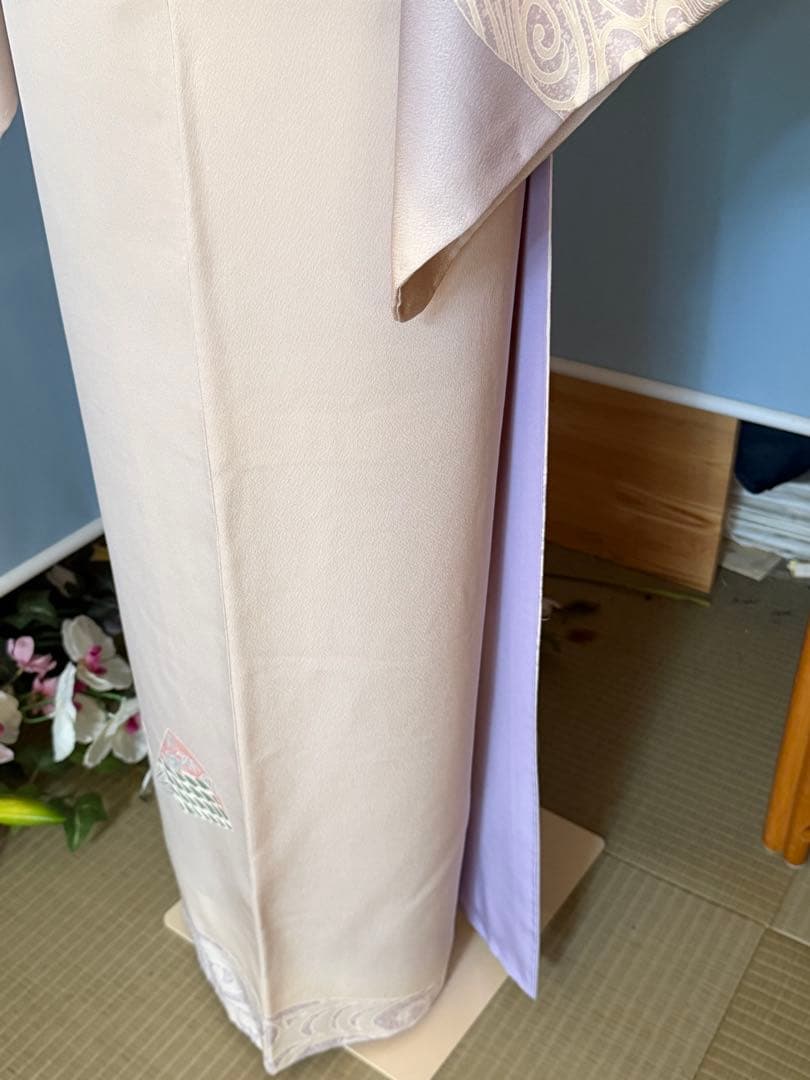 訪問着フルセット、扇面、流水、牡丹と四季の花　グラデーション　しつけ付き未使用品