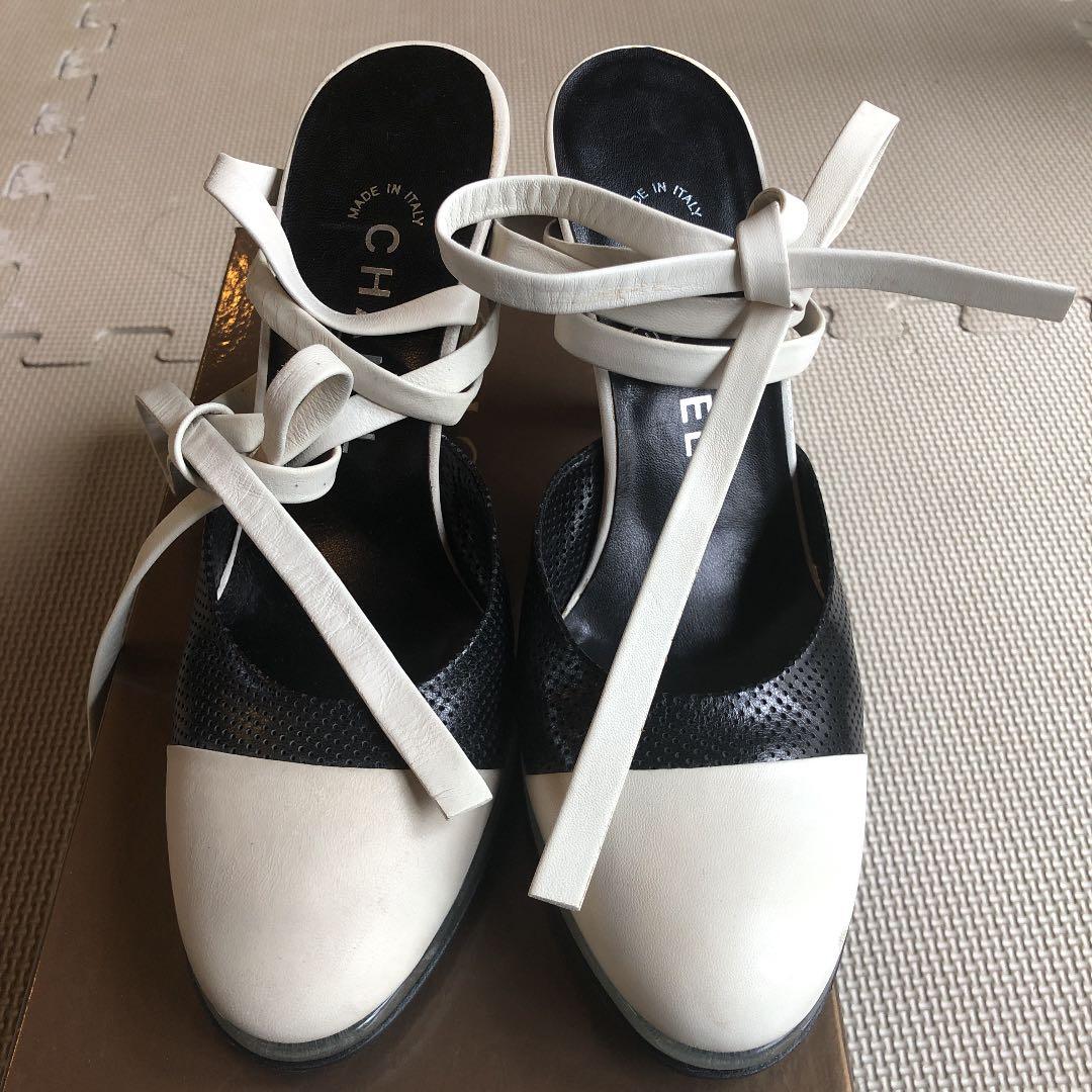 シャネル　ミュール　パンプス　レースアップ　ストラップ　ハイヒール