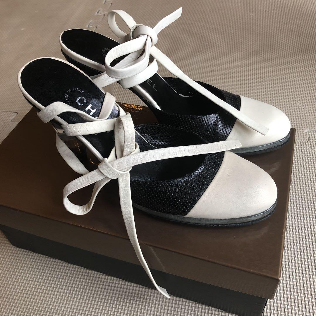 シャネル　ミュール　パンプス　レースアップ　ストラップ　ハイヒール