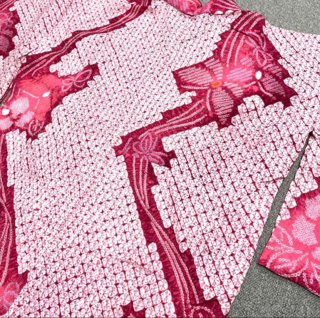 美品 有松鳴海絞り浴衣 ピンク系　蜘蛛絞り　綿