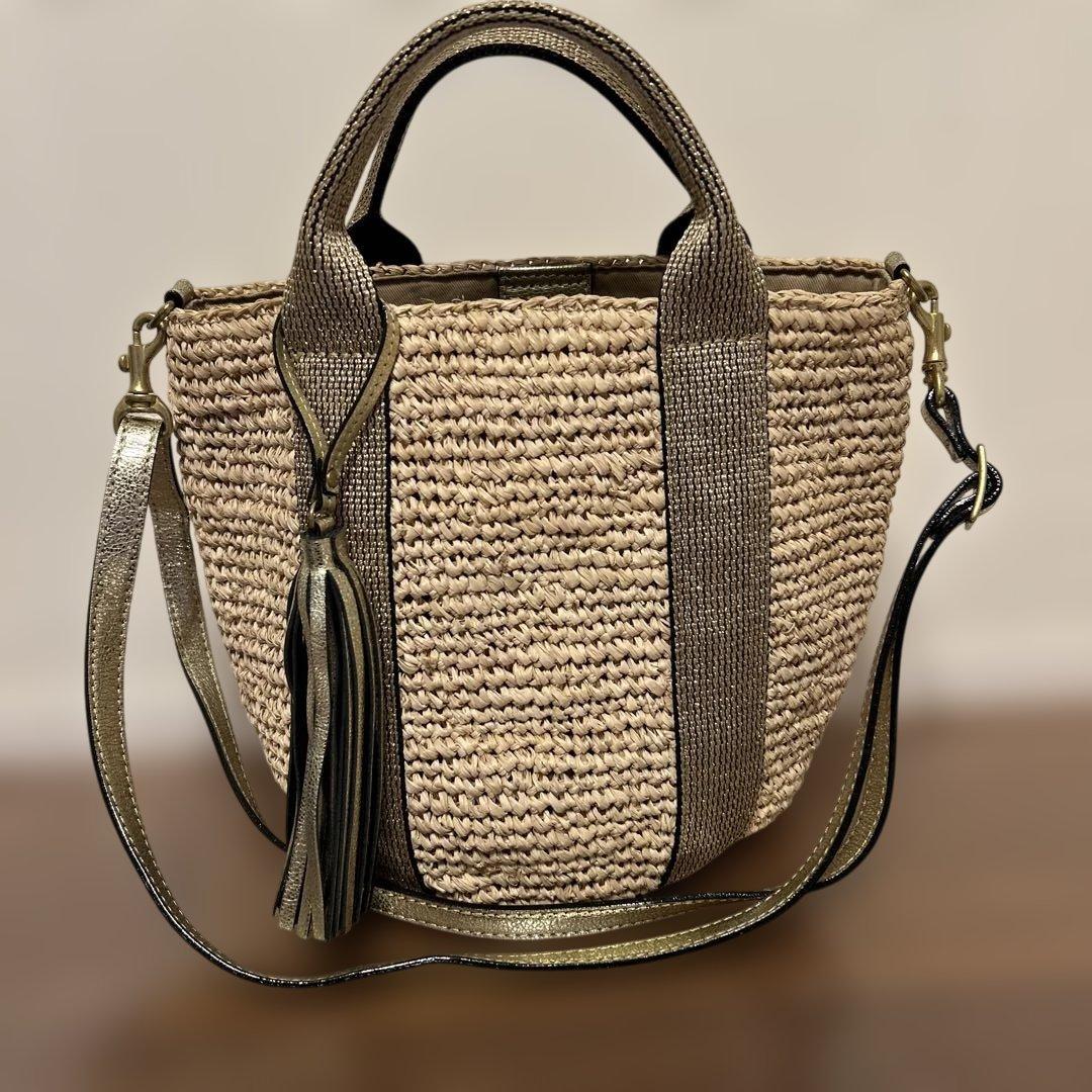 ヴィオラドーロ　かごショルダーバッグ　2wayミニ　ゴールド　ラフィア　フリンジ