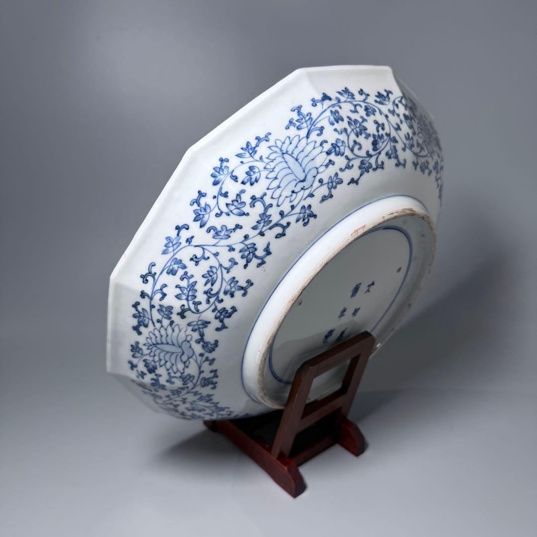 大聖寺伊万里　鳳凰龍図十二角浅鉢　立体的　大明万暦年製　合箱　31.5cm