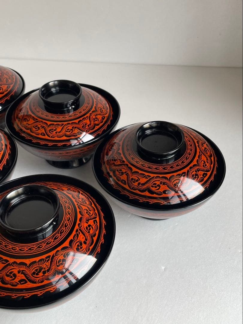 ②木製漆器　讃岐彫　昇斎作　蒟醤　吸物椀5客　　　　蓋付き椀　お椀