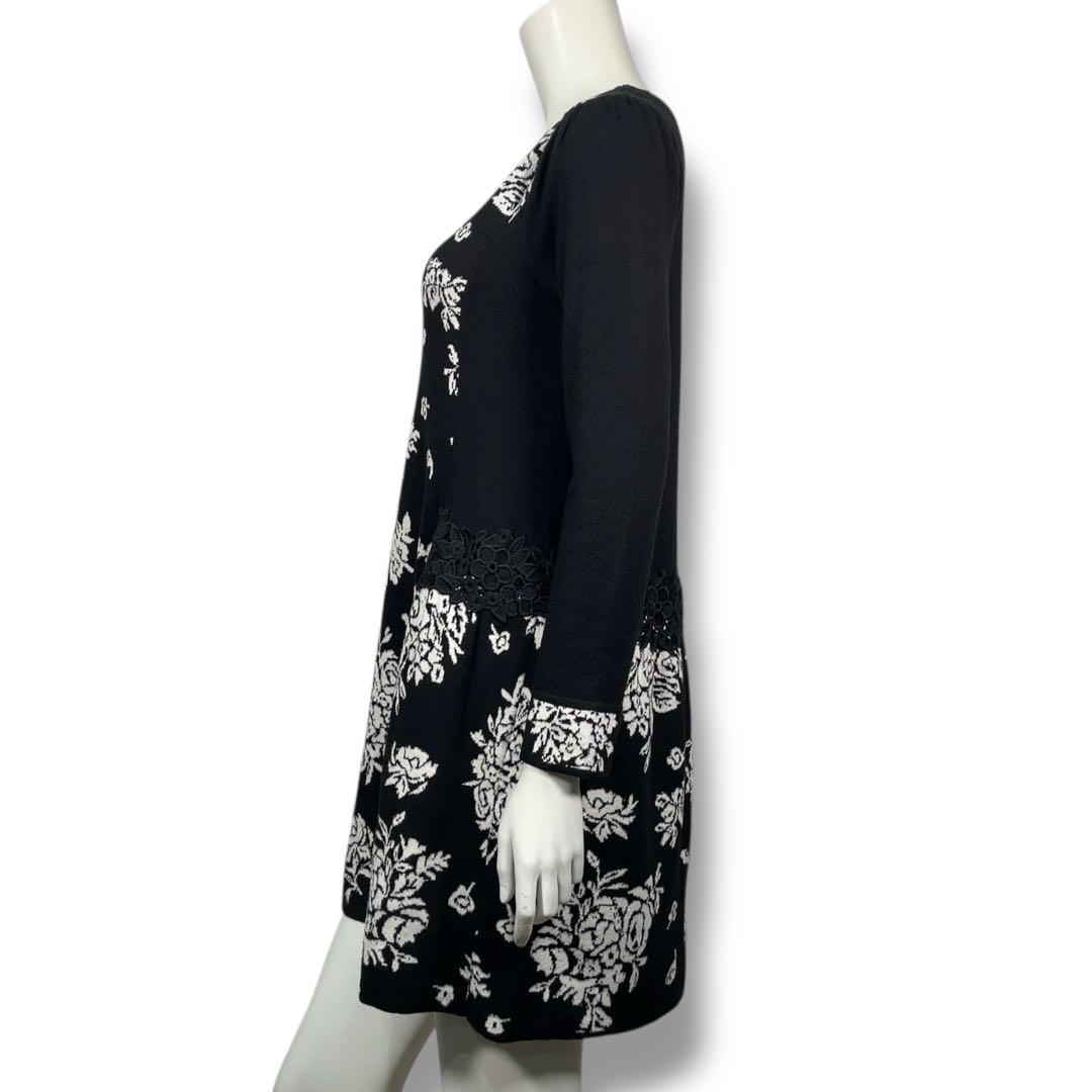 美品 スーパービューティー 花柄 ジャガード ビジュー ニットワンピース 42