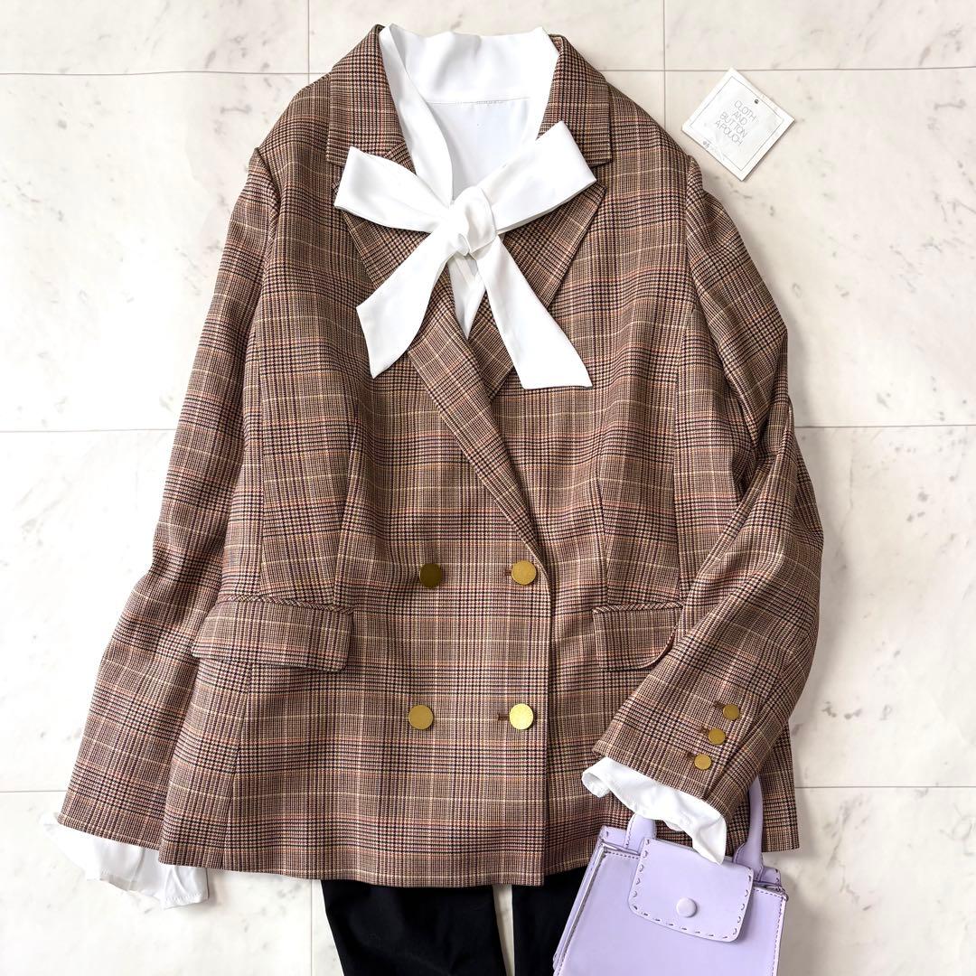 新品同様 ローズティアラ 大きいサイズ46 グレンチェック 金釦ダブルジャケット