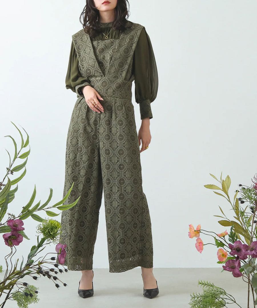 【まぁちぃ】幾何学柄 レース セットアップ パンツ オケージョンドレス