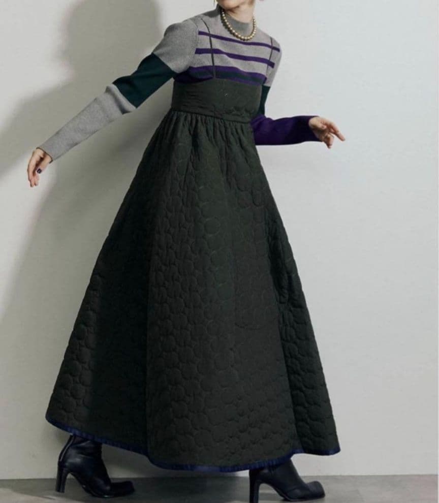 【極美品】UN3D. キルティングキャミワンピース 　38 ボリューム ブラック