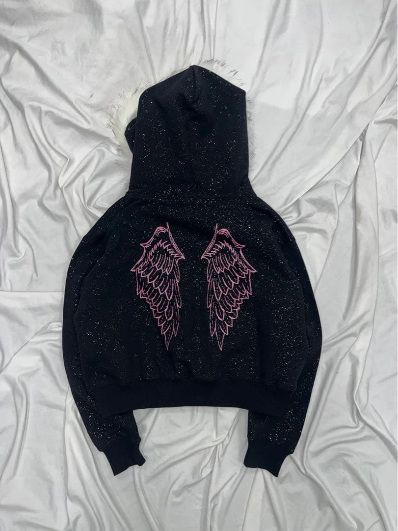 トップス girl Cross Logo glitter Fur Zip Hoodie