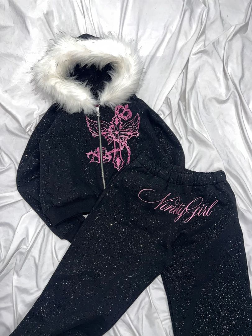 トップス girl Cross Logo glitter Fur Zip Hoodie