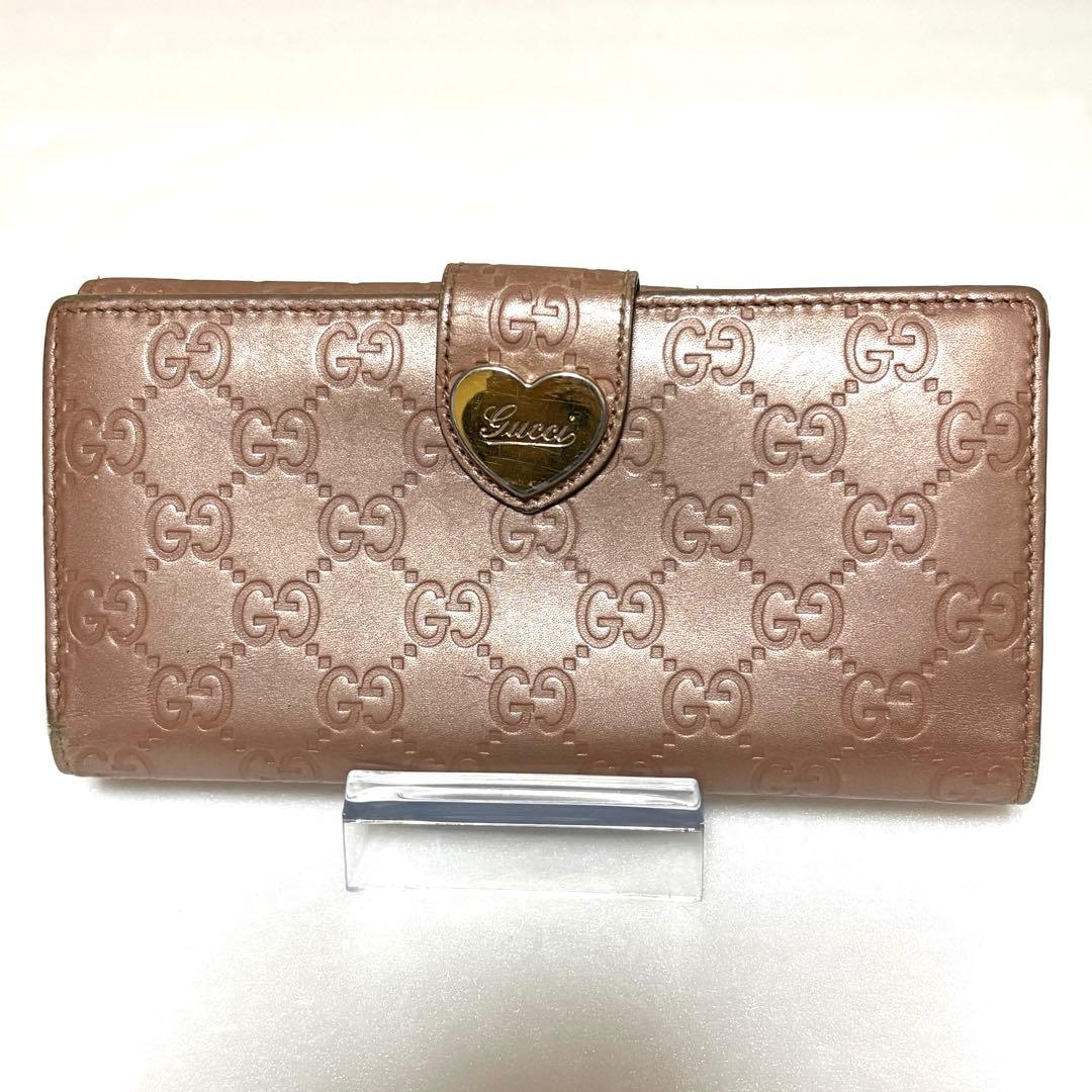 【大人お洒落】グッチ 長財布 シマレザー ハート金具 GG柄 ブロンズ