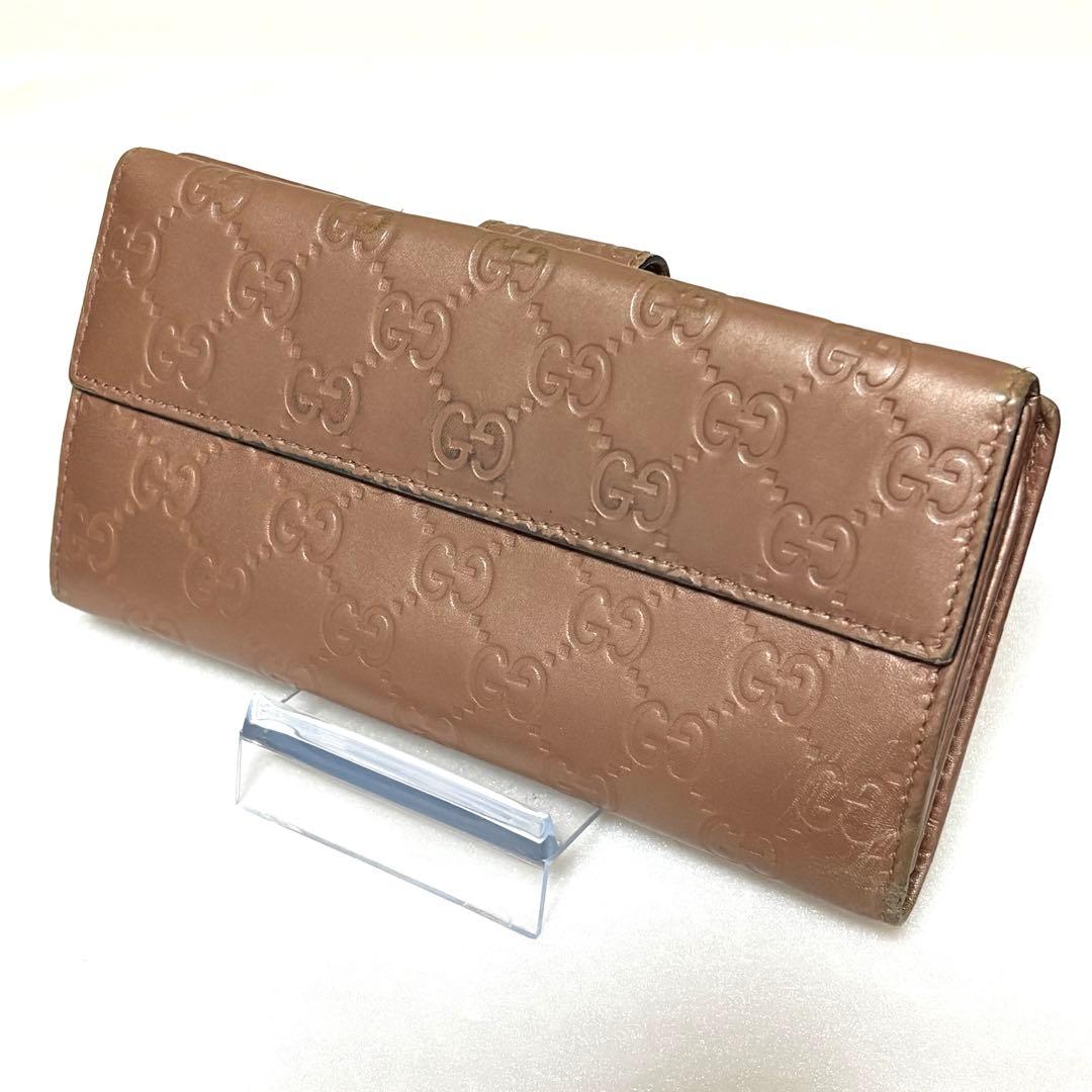 【大人お洒落】グッチ 長財布 シマレザー ハート金具 GG柄 ブロンズ