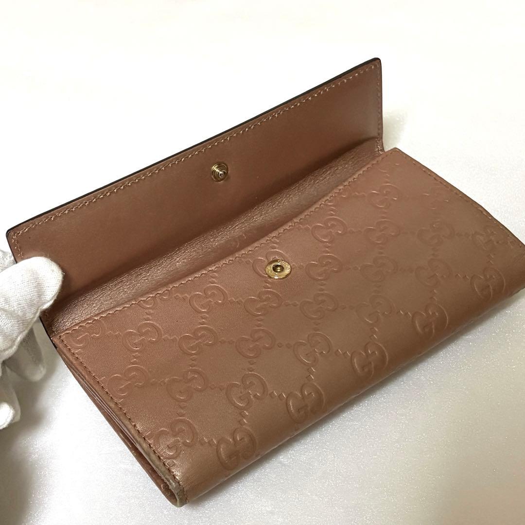 【大人お洒落】グッチ 長財布 シマレザー ハート金具 GG柄 ブロンズ