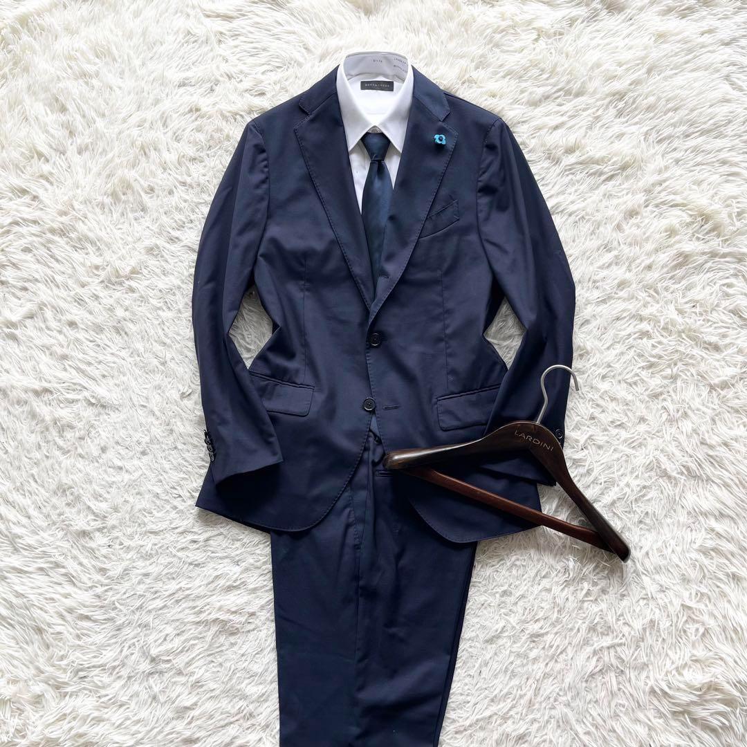 <美品>LARDINI 新ロゴ ネイビー ウール スーツ ブートニエール 46
