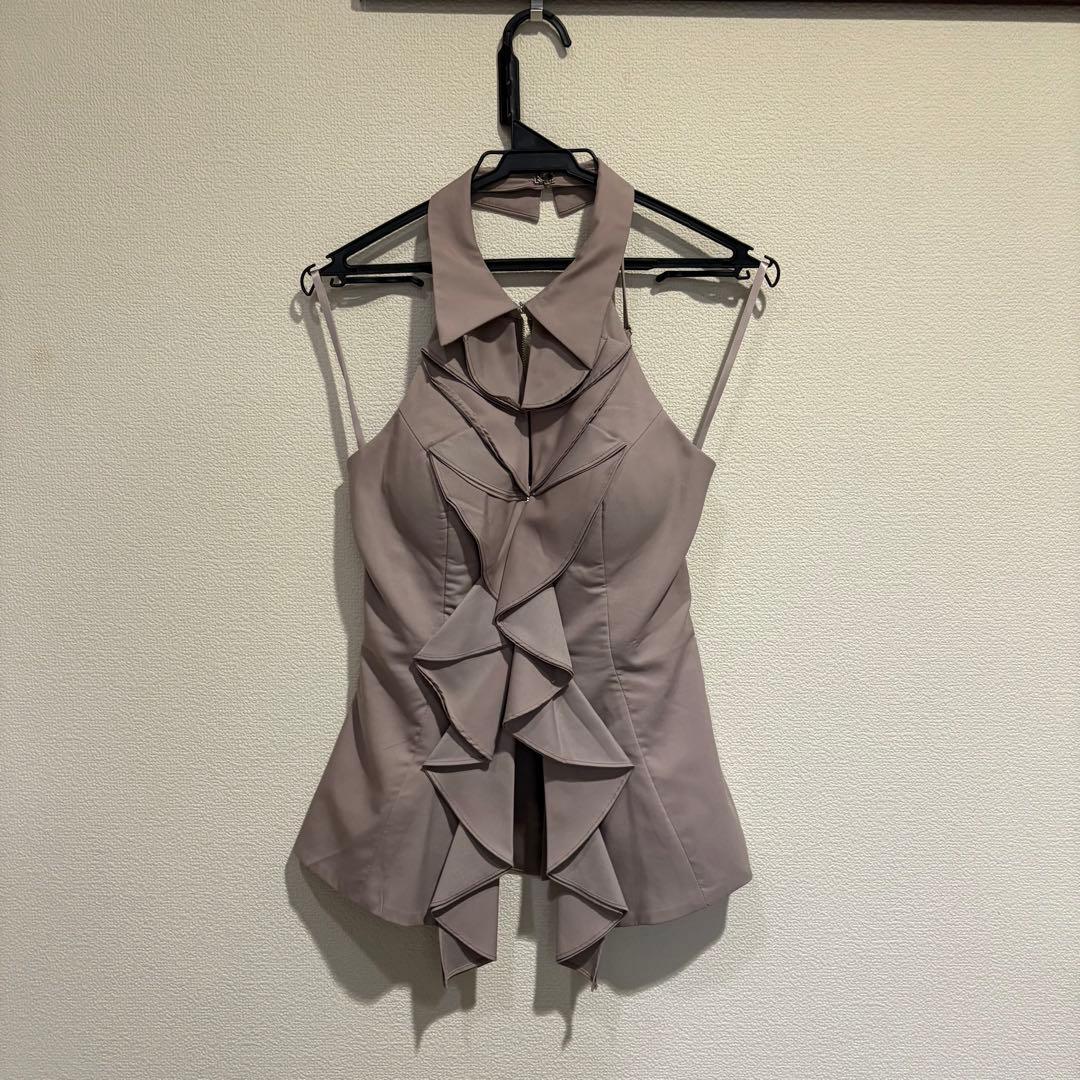 ローブドフルール　ベージュ フリル ホルターネック ミニドレス