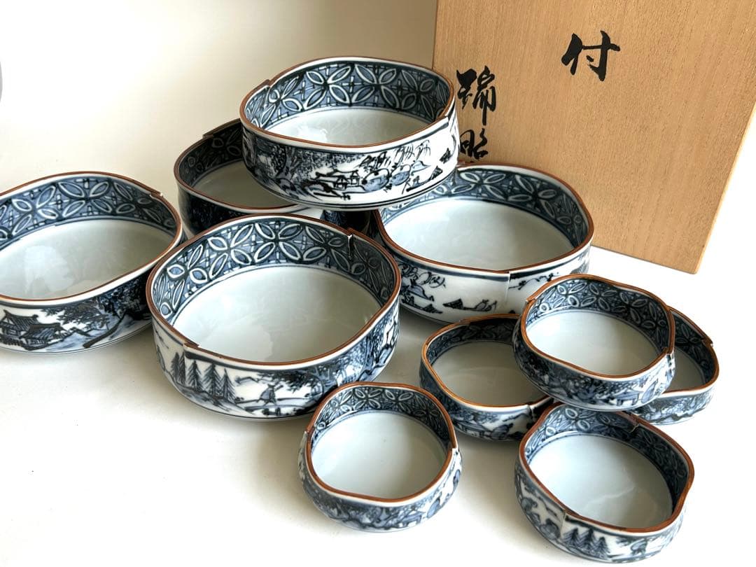 【未使用】清水焼 向付 陶器 染付 中鉢 小鉢 セット 5客揃い