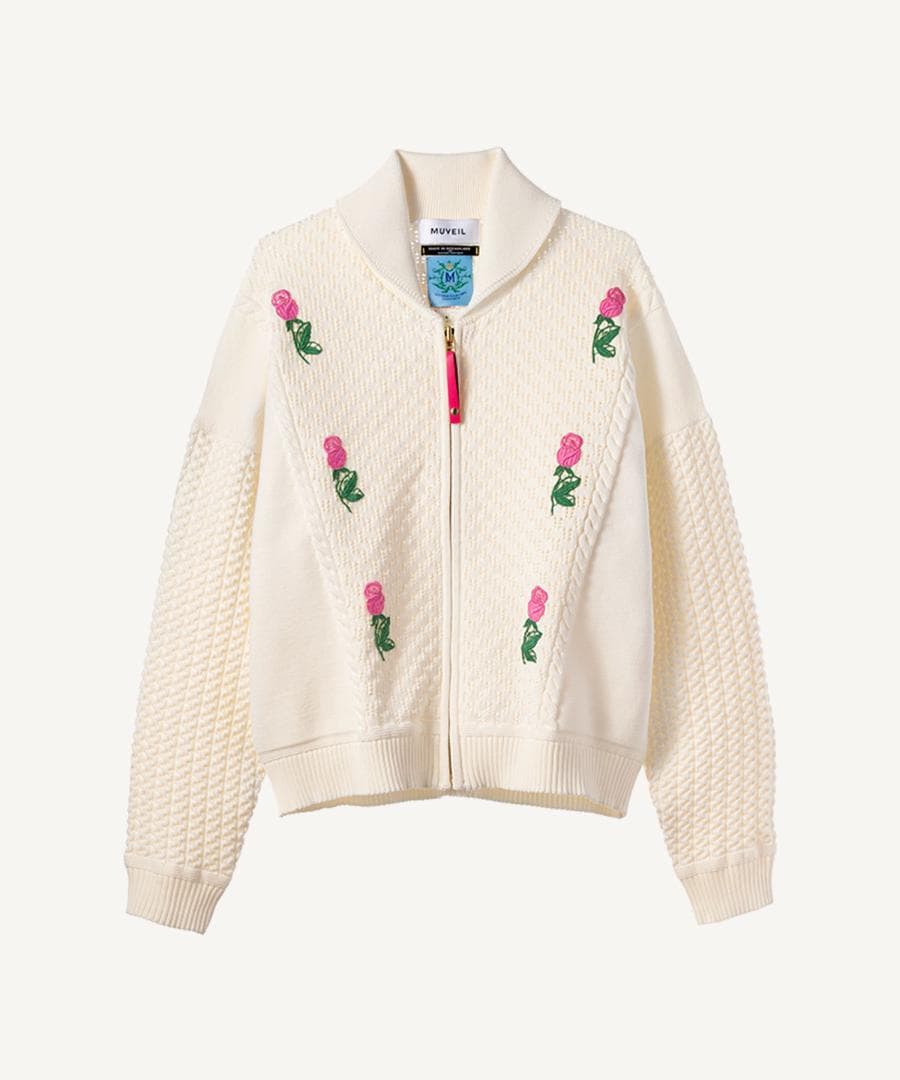 MUVEIL ローズカウチンカーディガン 白 38