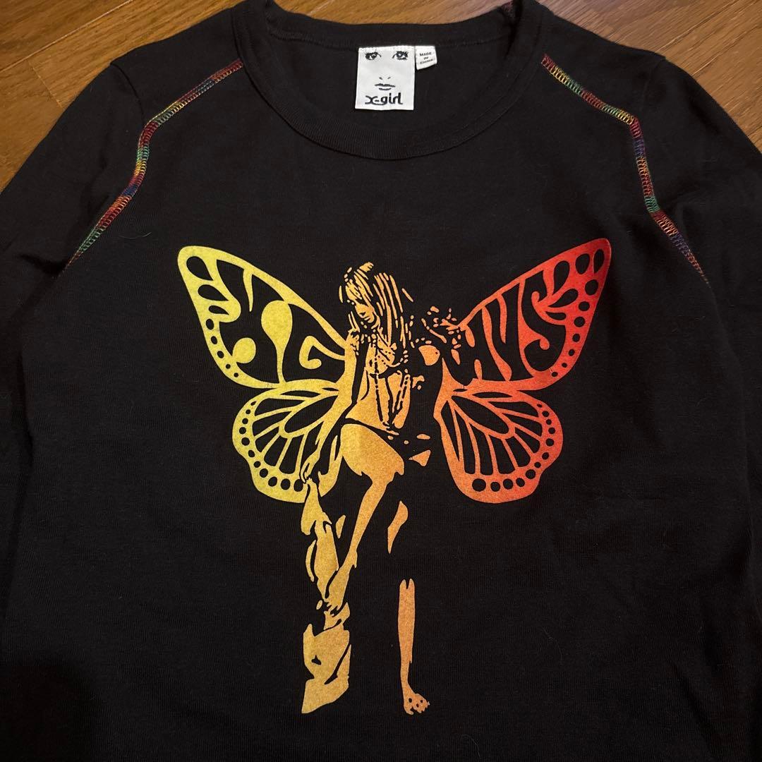 X-girl ×ヒストリックグラマー コラボ バタフライプリント 長袖Tシャツ